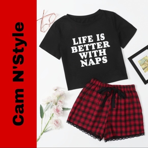 Other - New Black Tee & Red Plaid Shorts Pajama Set​